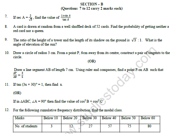 CBSE Class 10 Mathematics Question Paper 2022 Set A